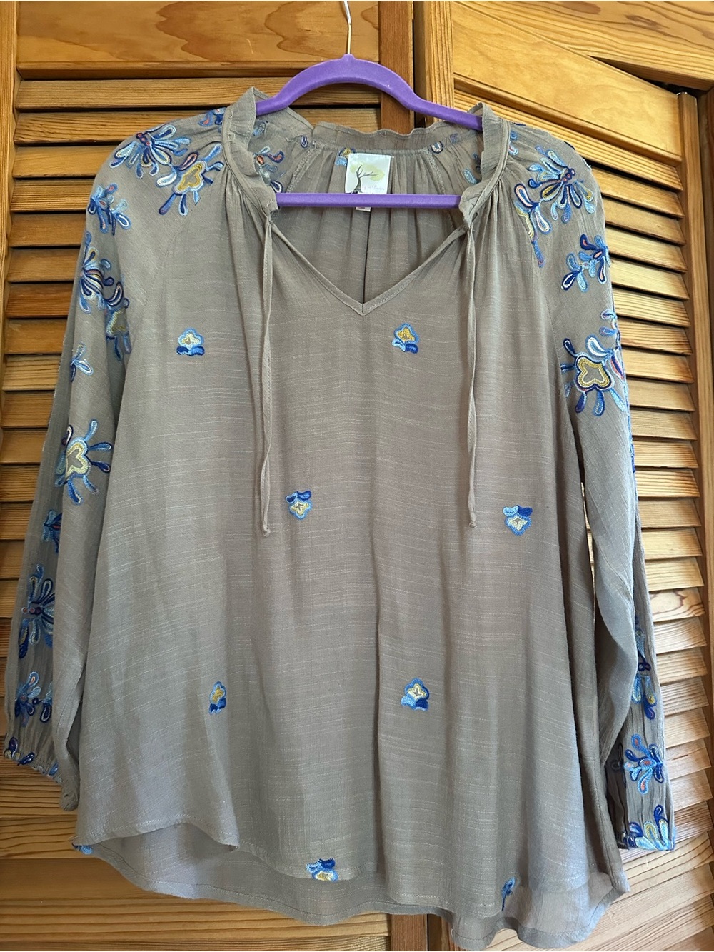 fig and flower Taupe Peasant Blouse with Blue & Yellow Embroidery